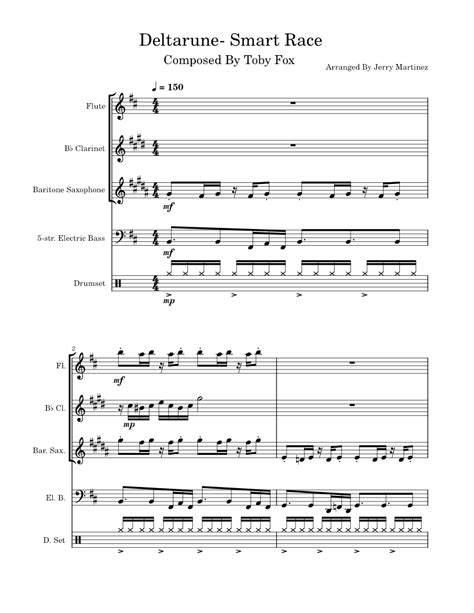 Smart Race Toby Fox Deltarune Sheet Music For Flute Clarinet In B Flat Saxophone Baritone