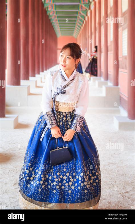 Asian Lady Wearing Korean Traditional Dress Known As Hanbok High Res