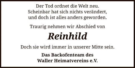 Traueranzeigen Von Reinhild Trauer Kreiszeitung De