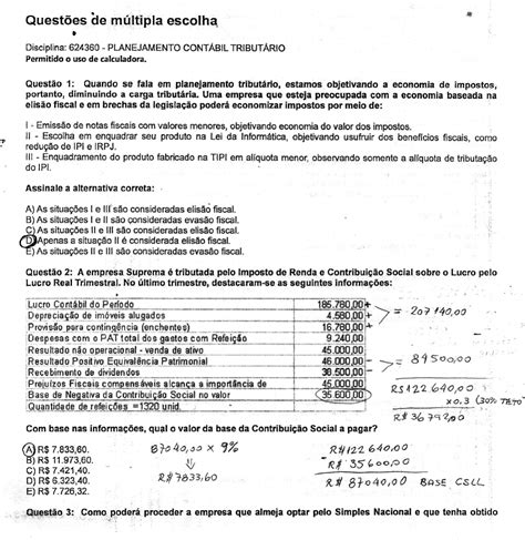 Prova Planejamento Tributario Planejamento Cont Bil Tribut Rio