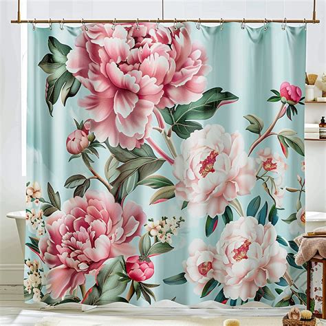 Chinese Style Peony Flower Shower Curtain In Pink And Green On Light