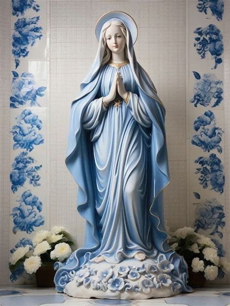 A Statue Of The Virgin Mary In Blue And White