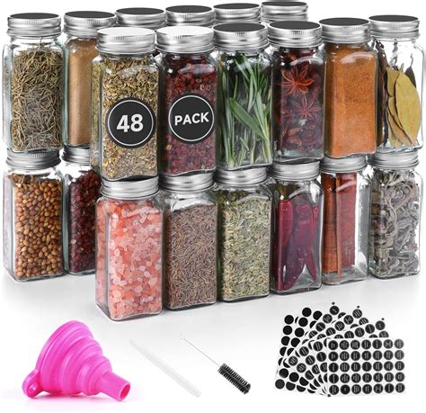 48 Pack Square Glass Spice Jars With Labels 4 Oz Clear Spice Jars With Shaker Lids