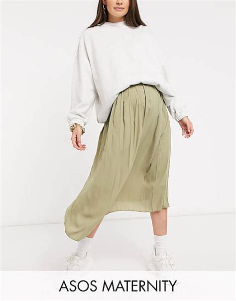 Asos Design Maternity Wide Pleat Midi Skirt In In Khaki Asos