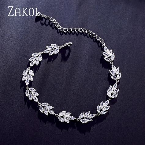 Zakol Luxury High Quality Shiny White Cubic Zirconia Leaf Chain