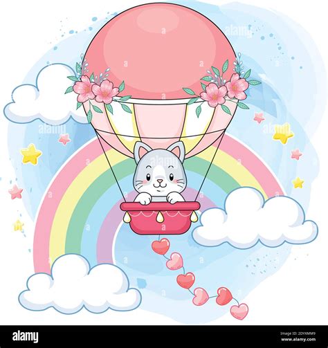Cute Pastel Kitten On A Pink Hot Air Balloon In A Rainbow World Stock Vector Image Art Alamy