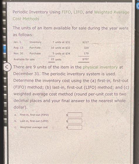 Solved Periodic Inventory Using Fifo Lifo And Weighted Average Cost