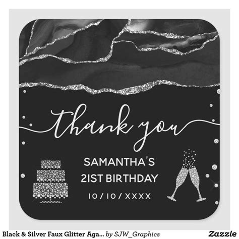 Black And Silver Faux Glitter Agate 21st Birthday Square Sticker