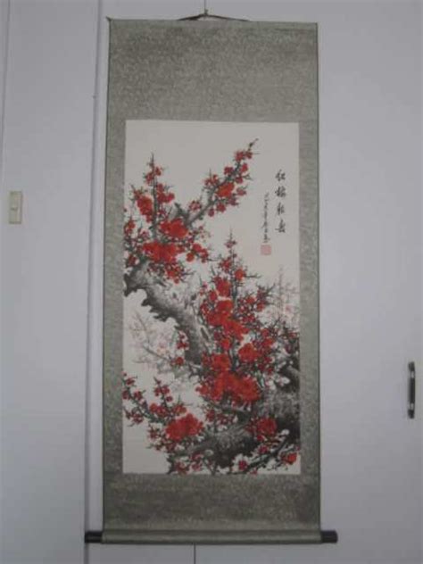 Red Plum Blosson Chinese Silk Scroll Painting Art In Kirribilli Nsw