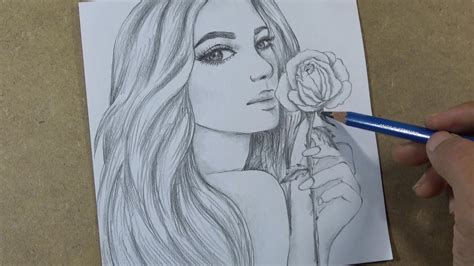 How To Draw A Beautiful Woman With Rose Flower Hihi Pencil Youtube