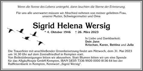 Traueranzeigen Von Sigrid Helena Wersig Augsburger Allgemeine Zeitung