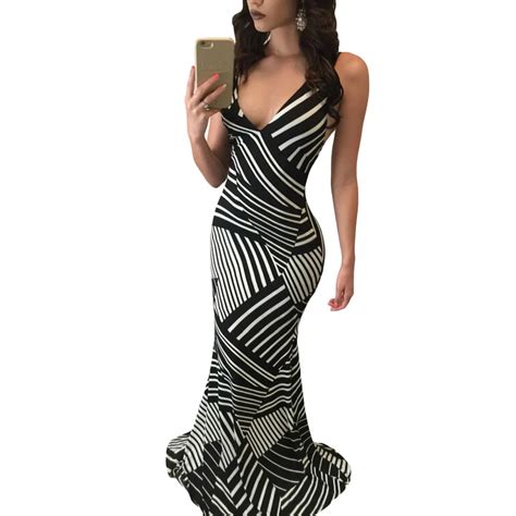 Autumn Women Fitted Maxi Dress Irregular Black White Striped Print