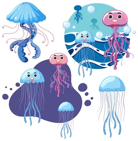 Conjunto De Personaje De Dibujos Animados De Medusas Vector Premium