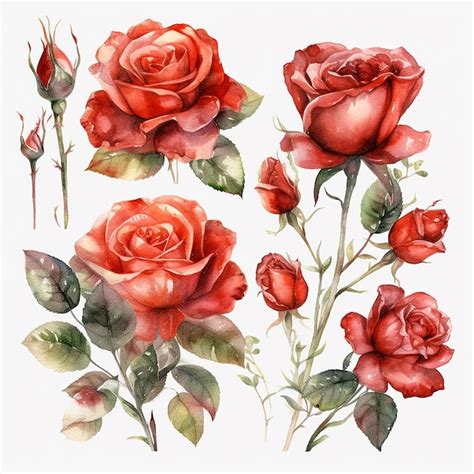 Conjunto De Rosas Vermelhas Em Aquarela Isoladas No Fundo Branco Foto