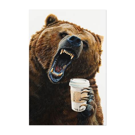 A Painting Of A Bear Holding A Coffee Cup With Its Mouth Open And Teeth