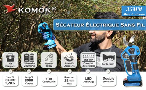 KOMOK Sécateur Électrique Sans Fil 35mm avec LED Affichage Garde