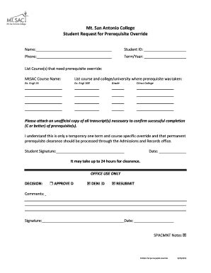 Fillable Online Prerequisite Override Request Form Mtsacpremed Org