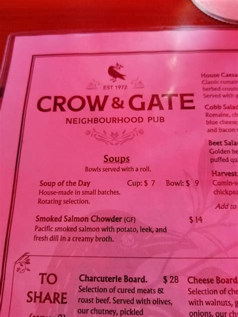 Menu At Crow Gate Pub Nanaimo