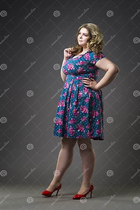 Young Beautiful Blonde Plus Size Model In Dress And Shoes Xxl Woman On