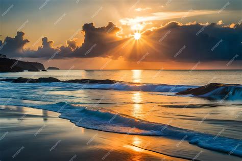 premium photo  sunset   ocean   beach scene  clouds