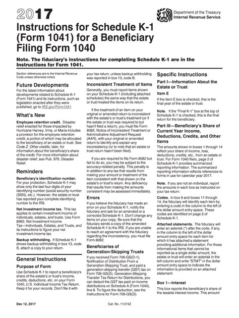 Irs Instructions 1041 Schedule K 1 2017 Fill Out Tax Template