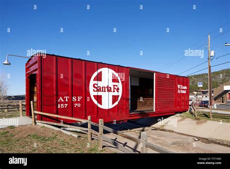 Historic Route 66 city Williams, Santa Fe red railroad boxcar converted ...