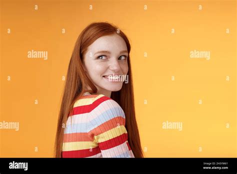 Tender Romantic Carefree European Redhead Girlfriend Turning Behind Look Left Amused Smiling