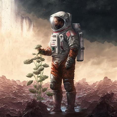 Premium Photo Astronaut Standing On A Rocky Surface With A Plant In