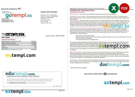 Usa Bank Of America Banking Statement Template In Excel And Pdf Format