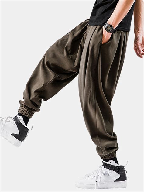 Mens Cotton Solid Color Loose Drawstring Mid Waist Elastic Cuff Jogger