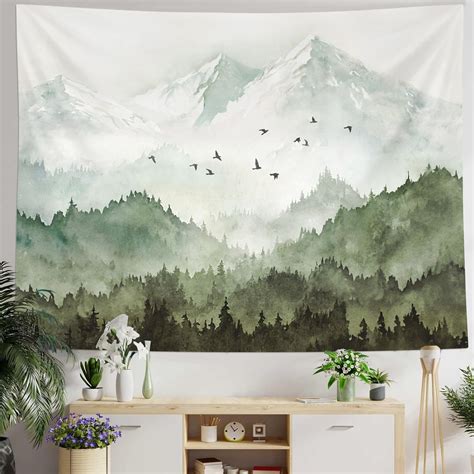 Mountain Forest Tapestry Misty Foggy Sage Green Tree Landscape