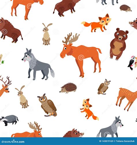 Wild Europe Animals Seamless Pattern in Flat Style Stock Vector