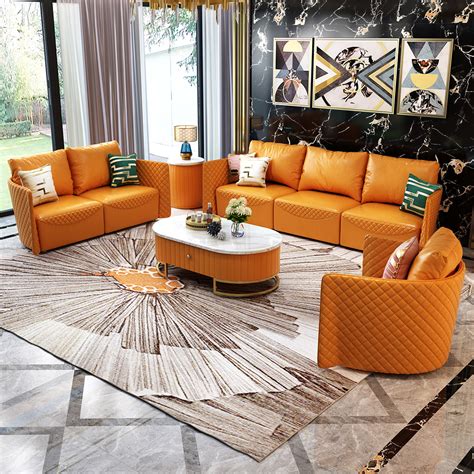 Modern 3-Piece Set Orange Faux Leather Sofa Set with Solid Wood Frame ...