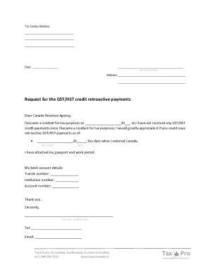 Fillable Online Request For The Gst Hst Credit Retroactive Payments Fax