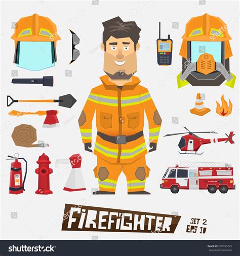 Character Firefighter Set Firefighter Equipment Vector Stock Vector ...