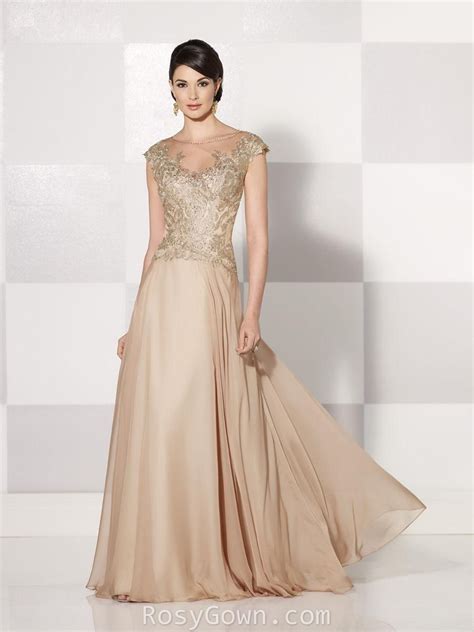 Champagne Chiffon A Line Mother Of The Bride Dress With Lace Cap