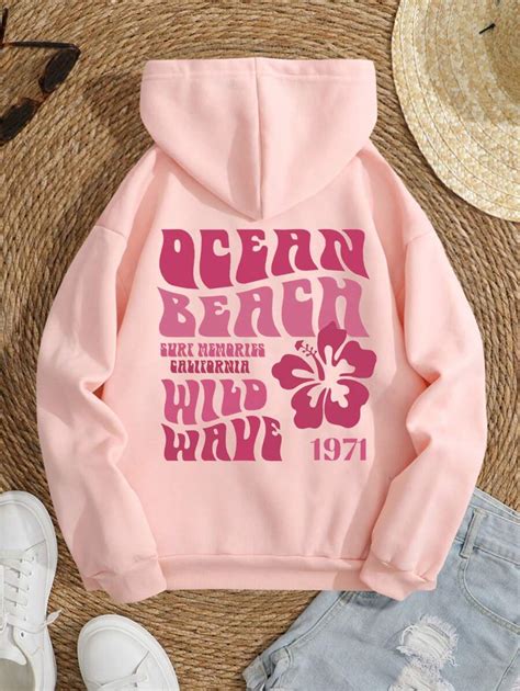 Inawly Floral And Slogan Graphic Drawstring Thermal Lined Hoodie Ocean