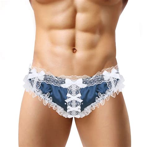 Mens Shiny Ruffled Floral Lace Briefs Panties Frilly Knickers Soft Satin Lingerie Low Rise