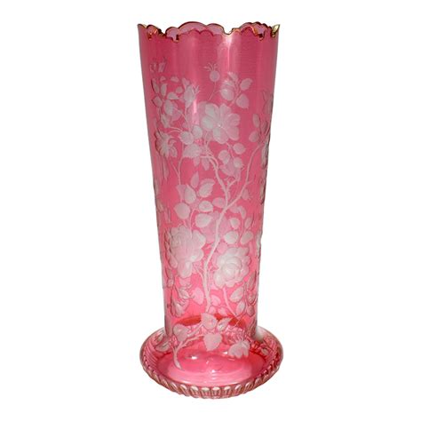 Antique Bohemian Cranberry Overlay Cut To Clear Glass Vase With Roses Chairish