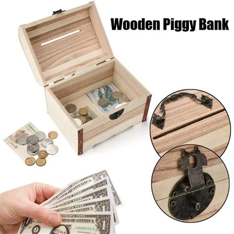 Pc Wooden Piggy Bank Safe Money Box Savings With Lock Wood Carving