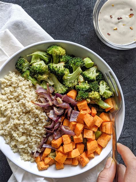 Roasted Sweet Potato And Broccoli Buddha Bowl With Maple Tahini Dressing Hayl S Kitchen