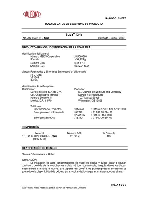 Msds Suva R 134a Pdf Oxígeno Atmósfera De Tierra