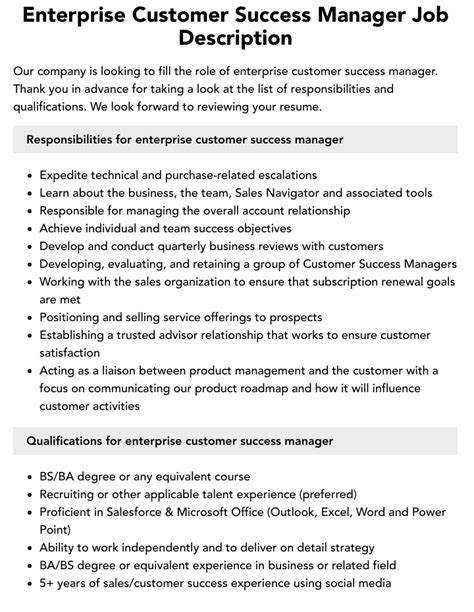 Enterprise Customer Success Manager Job Description Velvet Jobs