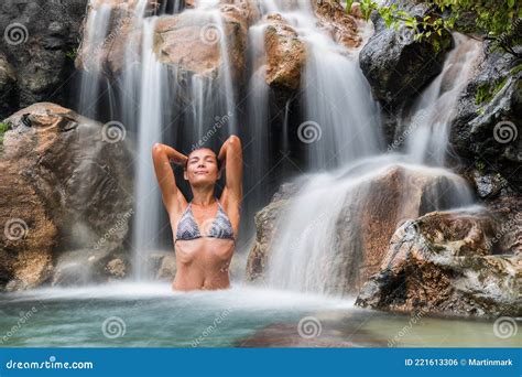 Bikini Woman Swimming In Clean Waterfall Water Pool In Tropical Nature Happy Asian Girl