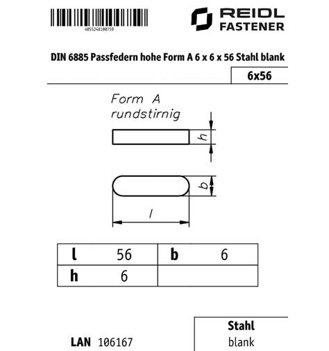 DIN 6885 Passfedern Hohe Form A 6 X 6 X 56 Stahl Blank Bei Reidl De