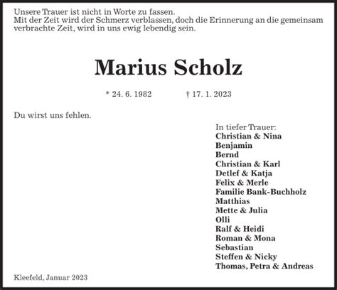 Traueranzeigen Von Marius Scholz Trauer Anzeigen De