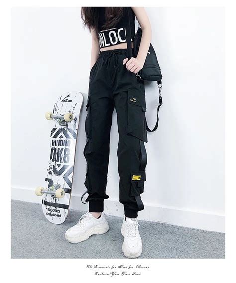 Streetwear Cargo Pants Black Ankle Length Elastic Waist Joggers