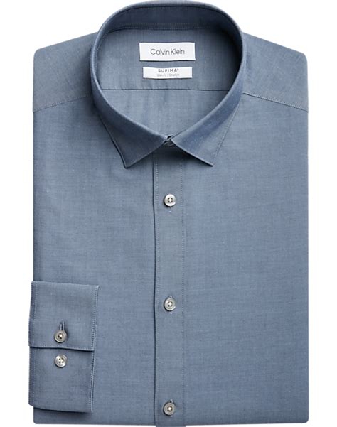 Calvin Klein Refined Cotton Stretch Supima Slim Fit Hidden Button Down Collar Dress Shirt Blue