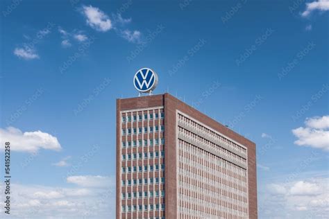 Volkswagen headquarters building with VW logo on top at the Volkswagen car plant in Wolfsburg ...