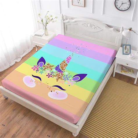 Lovely Rainbow Unicorn Bed Sheet Colorful Cartoon Fitted Sheet Twin Fu Unicorn Bed Sheets